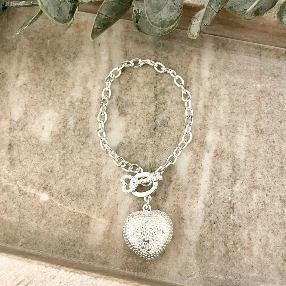 925 Sterling Silver Heart & Key Toggle Bracelet Thick Chunky Link Bracelet - Picture 2 of 6
